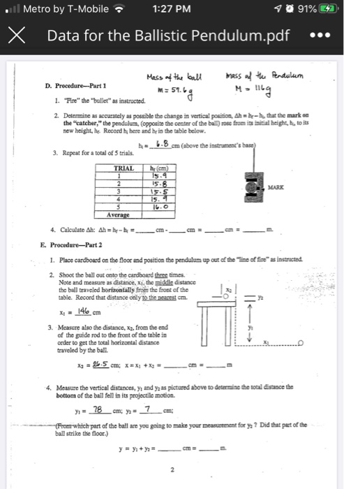 Solved Names 1 Of 3 Physics Lab THE BALLISTIC PENDULUM | Chegg.com