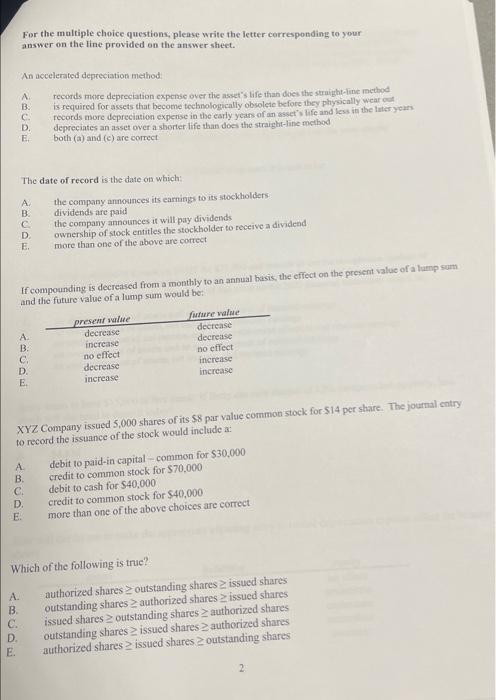 Solved For the multiple choice questions, please write the | Chegg.com