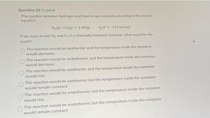 Solved Question 22 (1 point) The reaction between hydrogen | Chegg.com