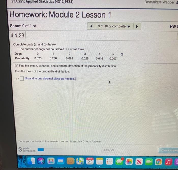 Solved STA 251: Applied Statistics (4212_9821) Dominique | Chegg.com