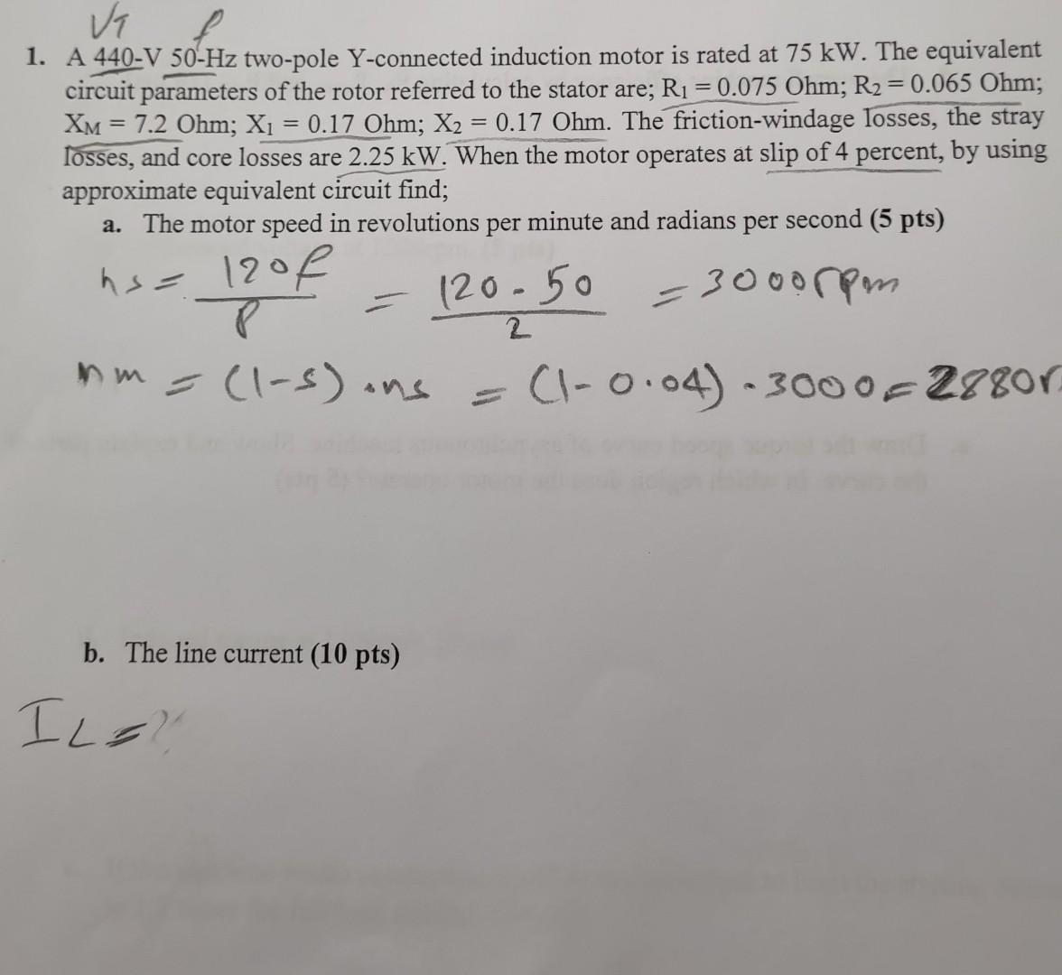 Solved V₁ 1. A 440-V 50-Hz two-pole Y-connected induction | Chegg.com