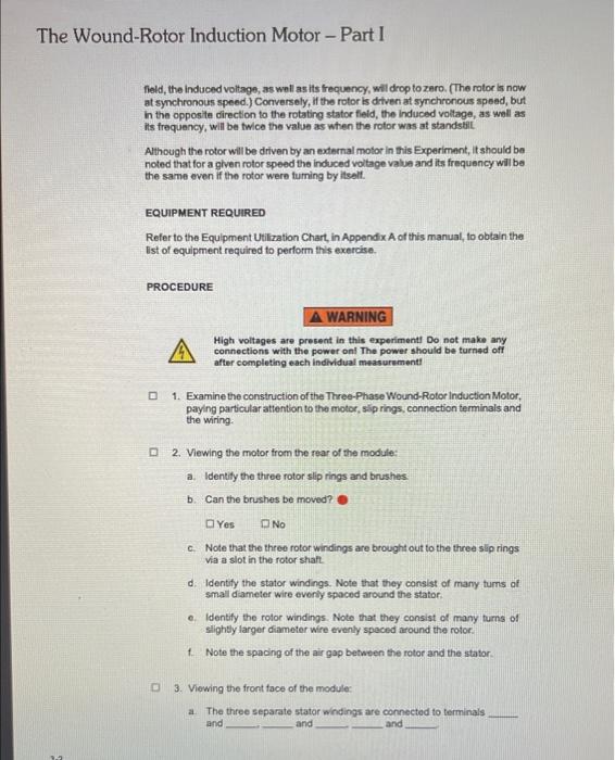 Experiment 3 The Wound-Rotor Induction Motor - Part I | Chegg.com