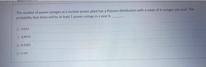 Solved The number of power outages at a nuclear power plant | Chegg.com