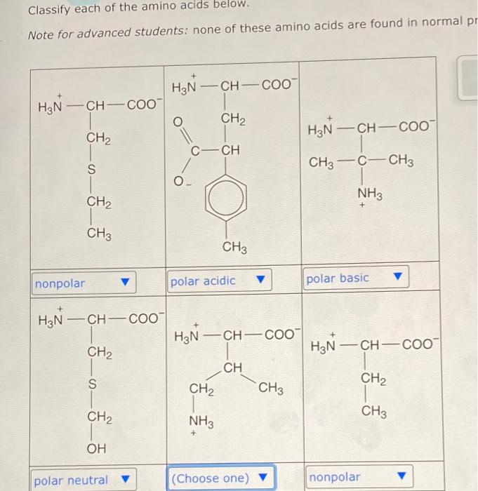 Classify each of the amino acids below. Note for | Chegg.com