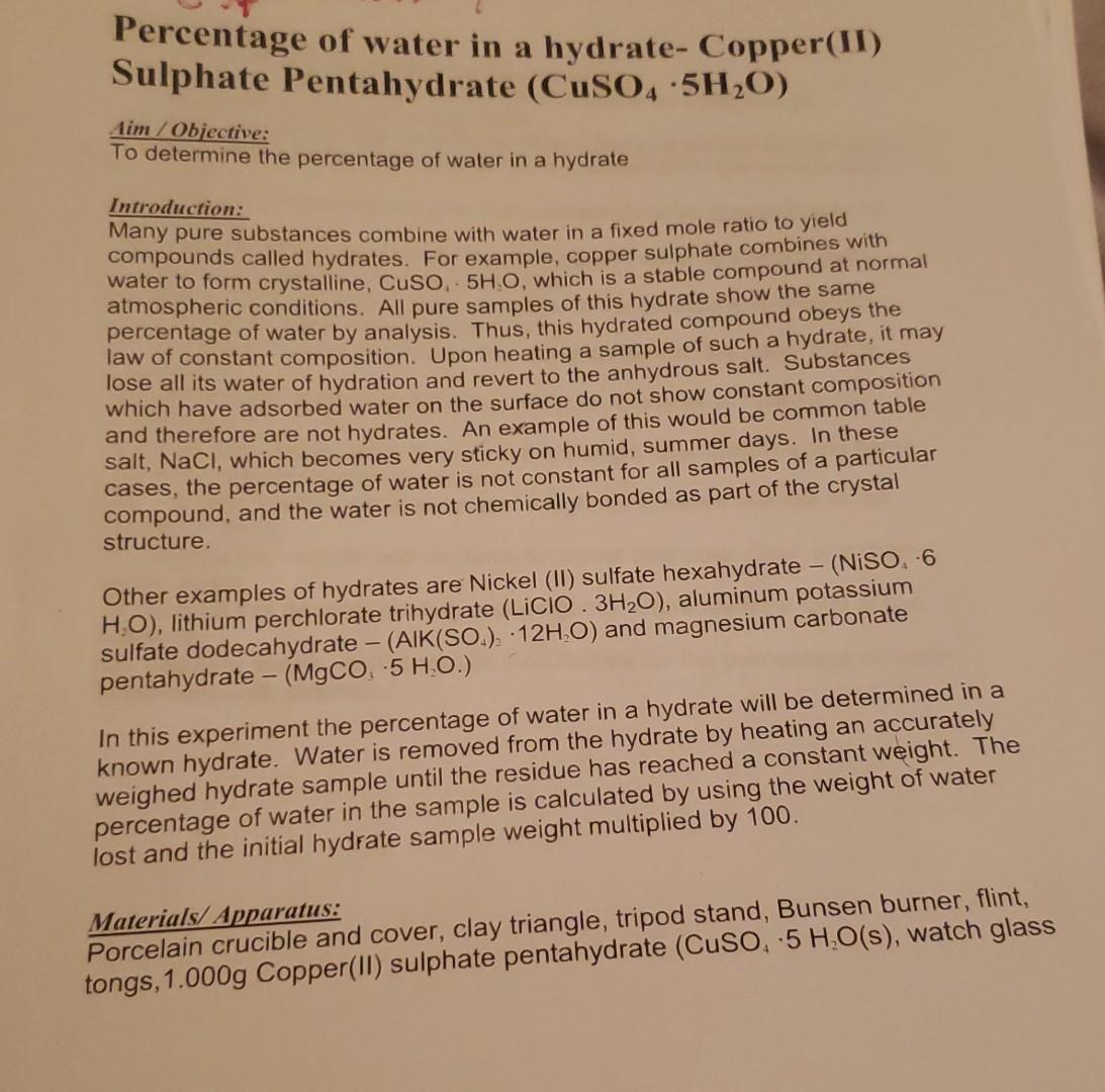 Percentage of water in a hydrateCopper(II) Sulphate