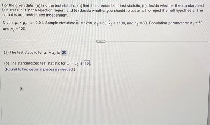 Solved For The Given Data, (a) Find The Test Statistic, (b) | Chegg.com