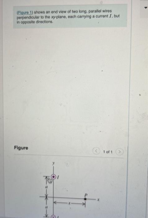 (Figure 1) shows an end view of two long, parallel wires perpendicular to the xy-plane, each carrying a current \( I \), but 