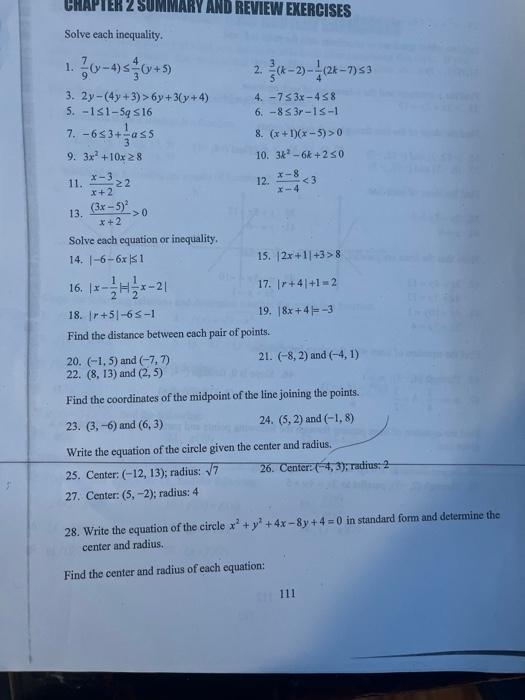 Solved Solve each inequality. 1. 97(y−4)≤34(y+5) 2. | Chegg.com