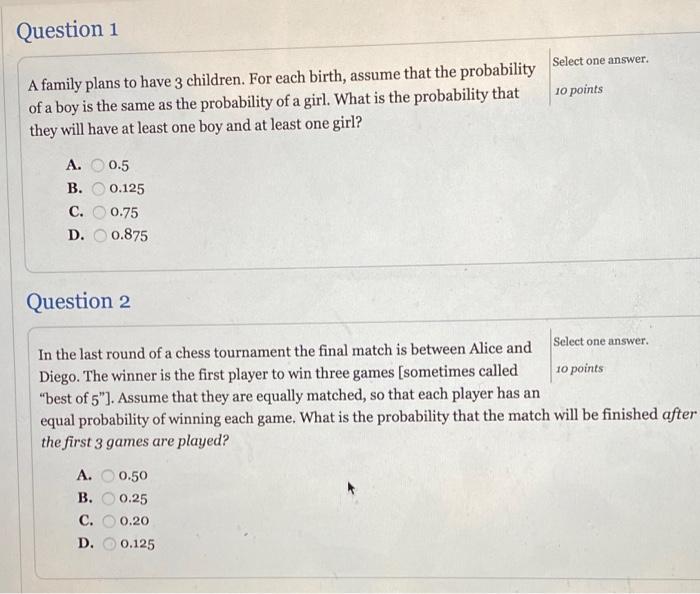 Solved Question 1 Select one answer 10 points A family plans | Chegg.com