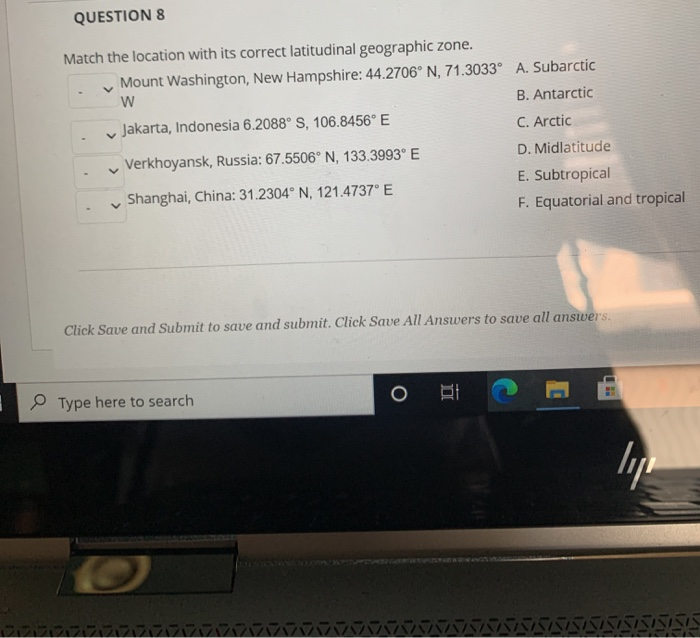 Solved Question 8 Match The Location With Its Correct Lat Chegg Com