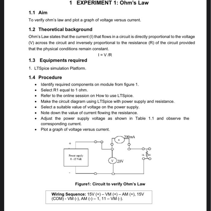 Solved 1 EXPERIMENT 1: Ohm's Law 1.1 Aim To verify ohm's law | Chegg.com