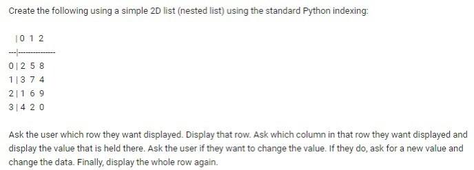 Solved Create the following using a simple 2D list (nested | Chegg.com