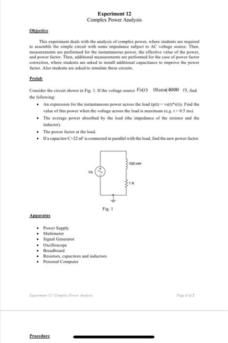 Solved Experiment 12 Complex Power Analysis Objective This | Chegg.com