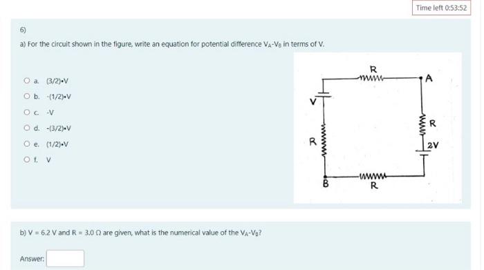 a) For the circuit shown in the figure, write an equation for potential ditference \( V_{A}-V_{B} \) in terms of \( \mathrm{V