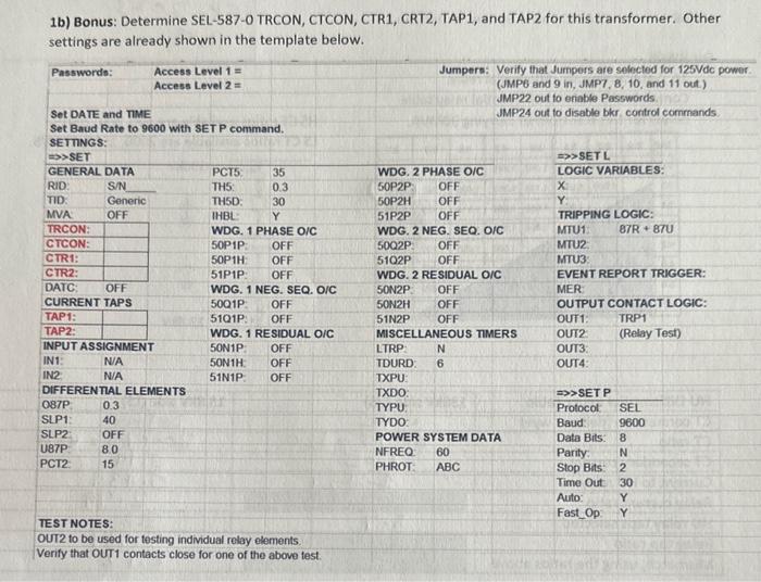1b) Bonus: Determine SEL-587-0 TRCON, CTCON, CTR1, | Chegg.com