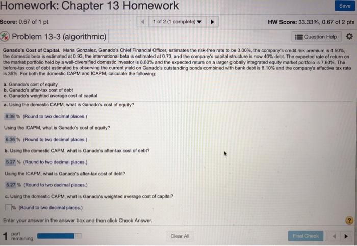 Solved Save Homework: Chapter 13 Homework Score: 0.67 of 1 | Chegg.com
