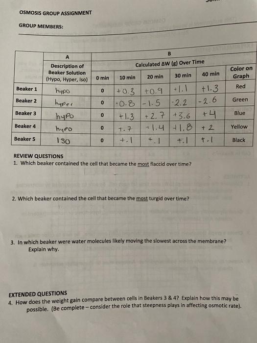 OSMOSIS GROUP ASSIGNMENT
GROUP MEMBERS:
REVIEW QUESTIONS
1. Which beaker contained the cell that became the most flaccid over