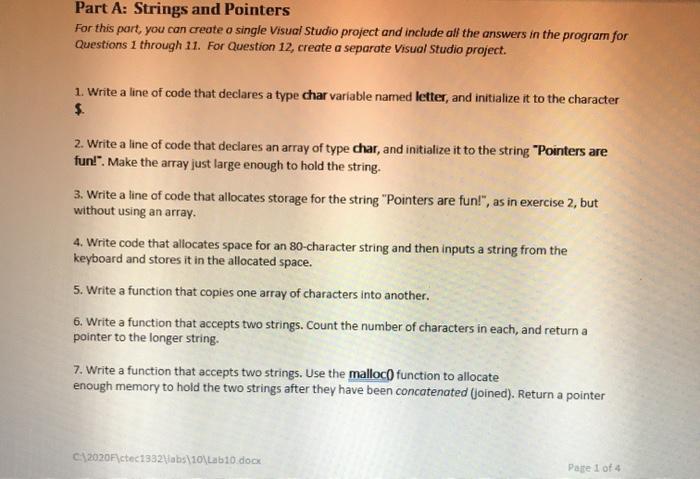 Solved Part A: Strings and Pointers For this part, you can 