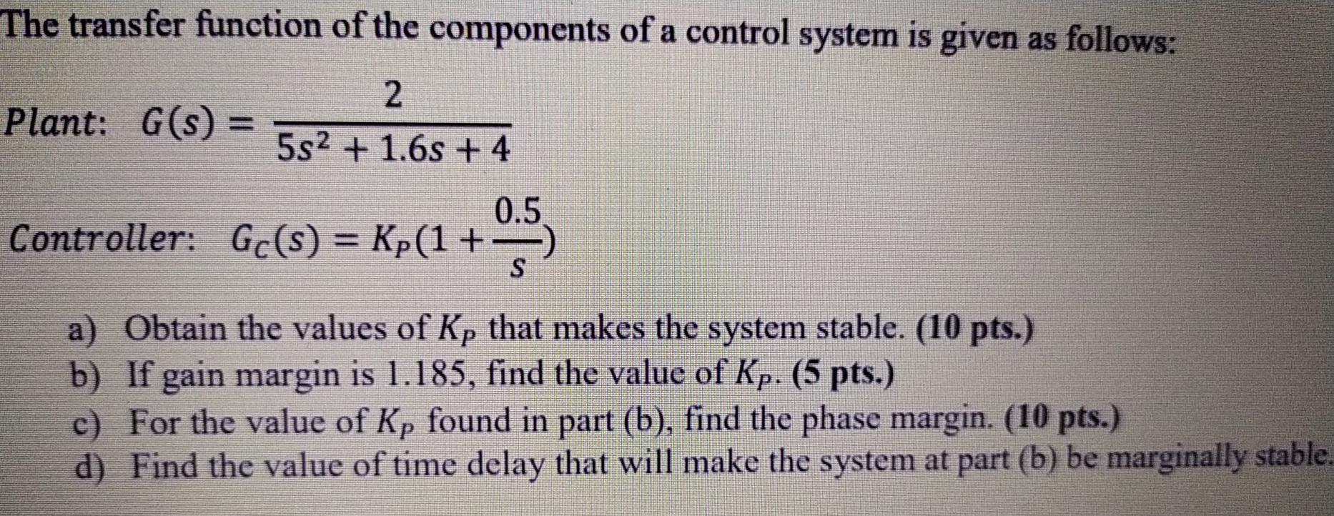 Solved The transfer function of the components of a control | Chegg.com