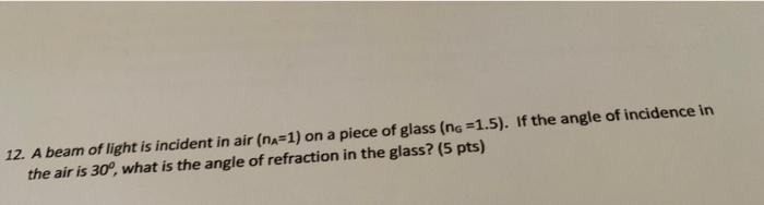 Solved 12. A beam of light is incident in air (na=1) on a | Chegg.com