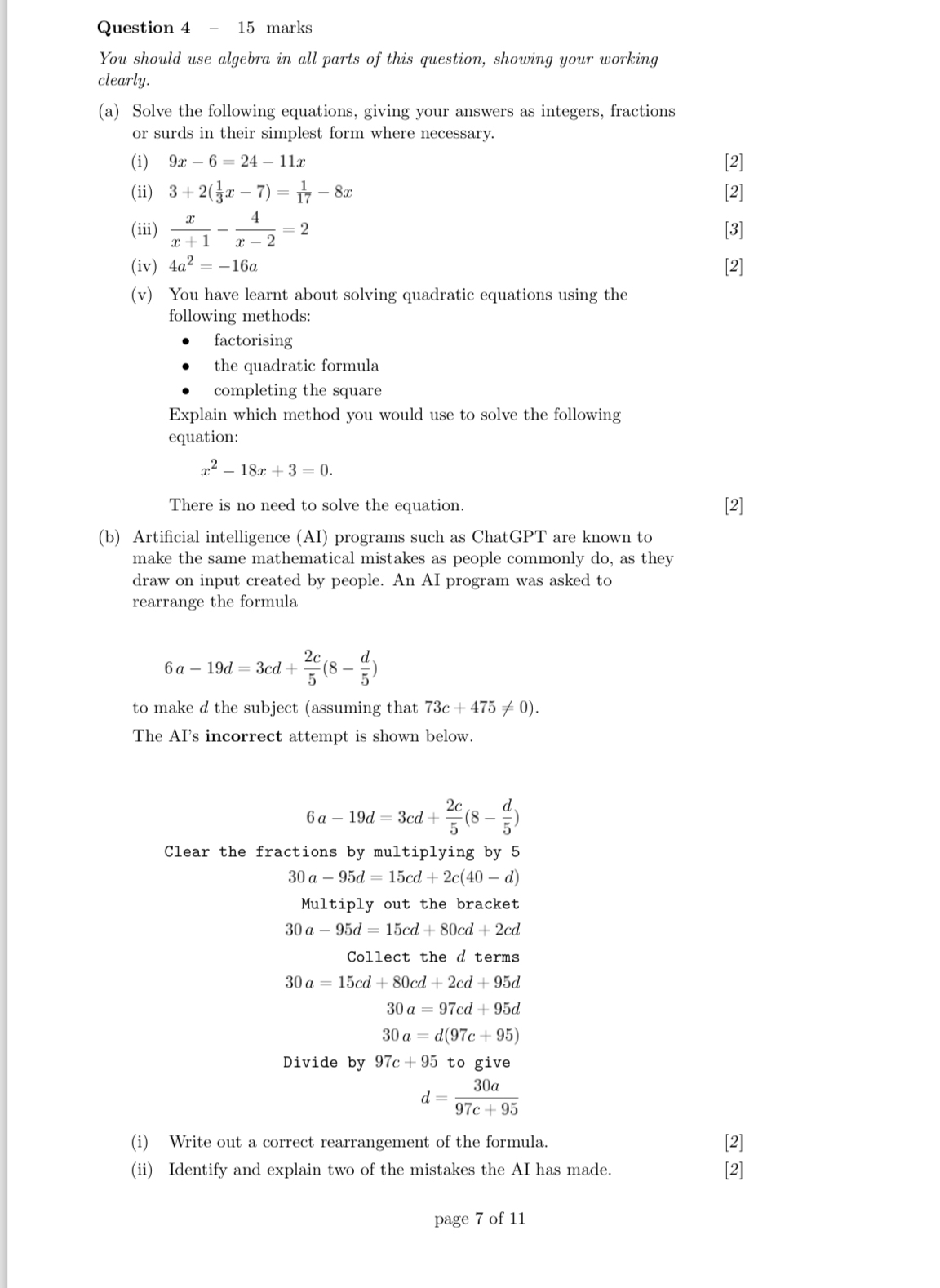 Solved Question 4-15 ﻿marksYou should use algebra in all | Chegg.com