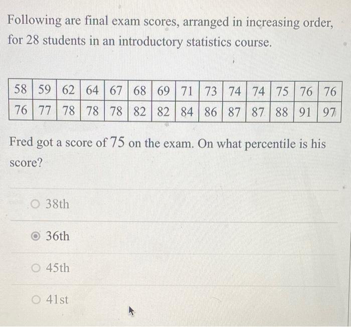 Solved Following are final exam scores, arranged in