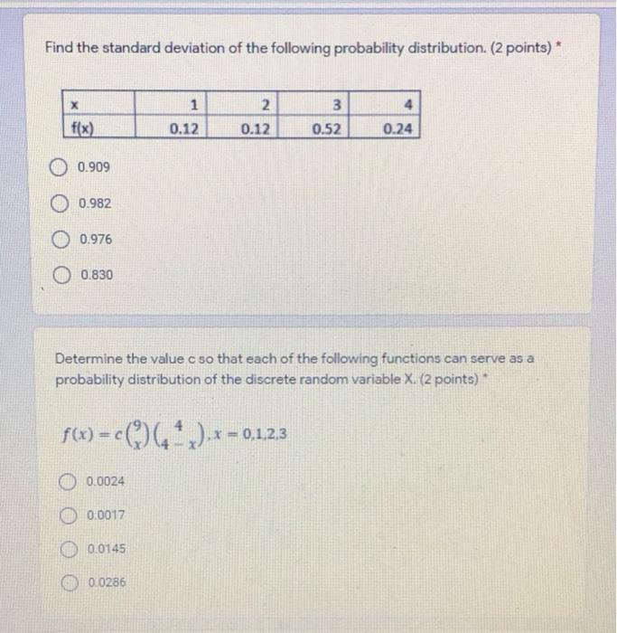Solved Find the standard deviation of the following | Chegg.com