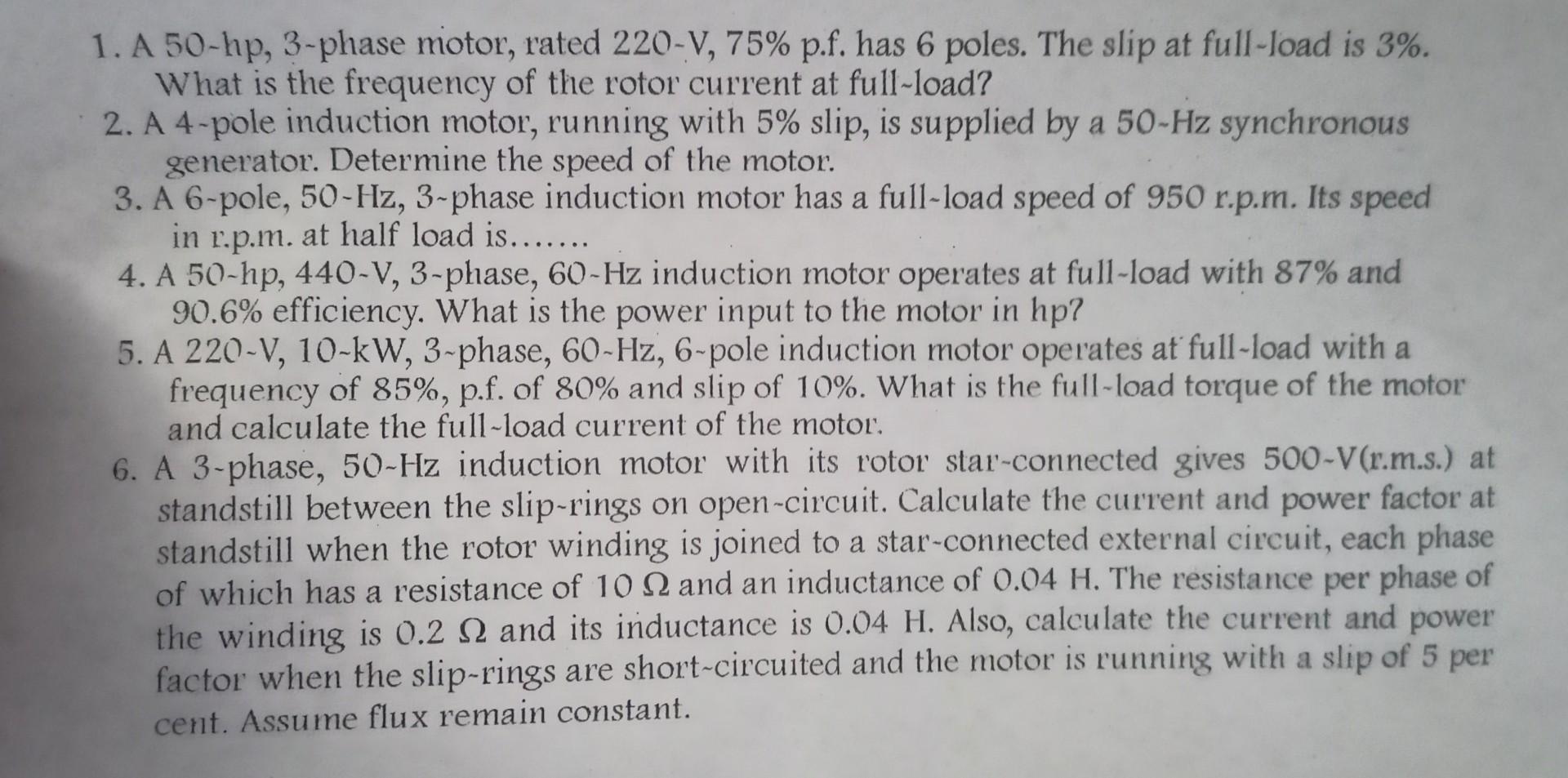 Solved 1. A 50 hp, 3phase motor, rated 220−V,75 p.f. has