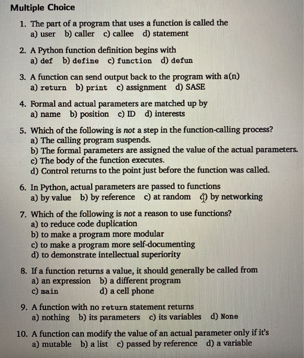 Solved Multiple Choice 1. The part of a program that uses a | Chegg.com