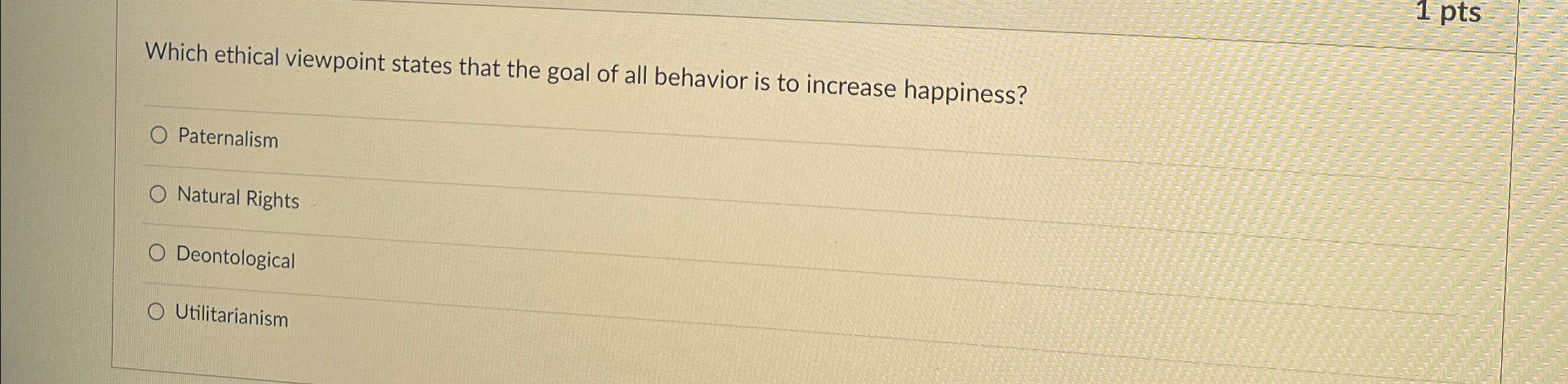 Solved 1 ﻿ptsWhich ethical viewpoint states that the goal of | Chegg.com