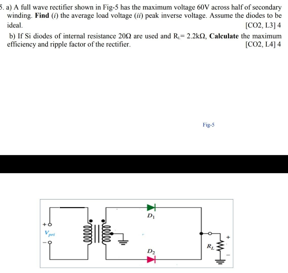 Solved 5. a) A full wave rectifier shown in Fig-5 has the | Chegg.com