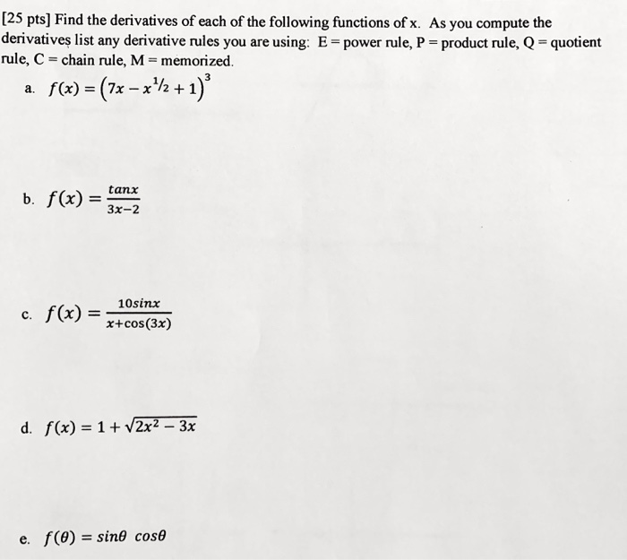 Solved 25 Pts Find The Derivatives Of Each Of The Chegg Com