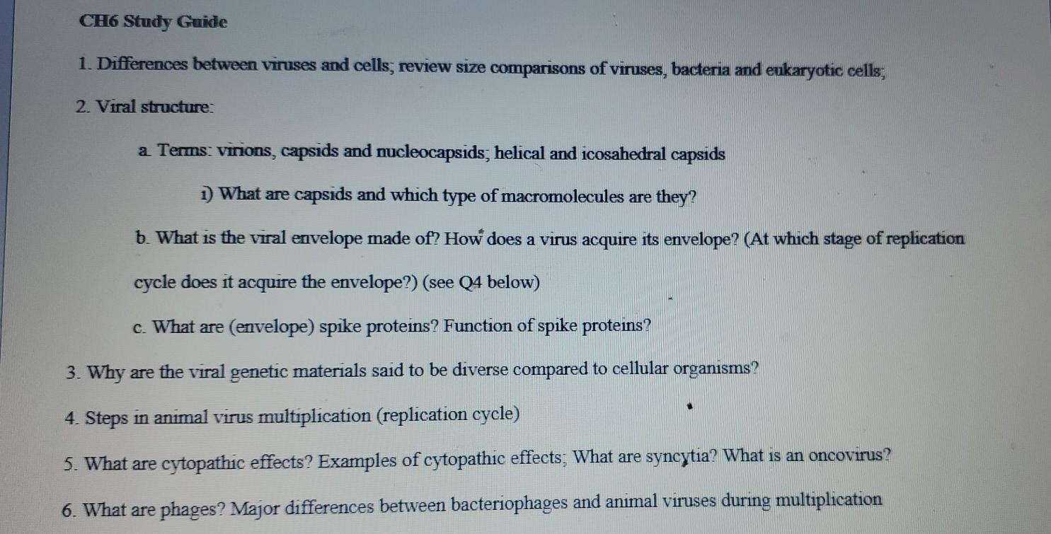 Solved CH6 Study Guide 1. Differences between viruses and | Chegg.com