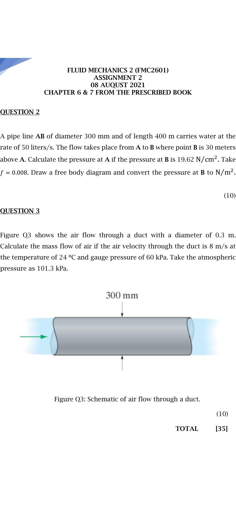 Solved FLUID MECHANICS 2 (FMC2601) ASSIGNMENT 2 08 AUQUST | Chegg.com