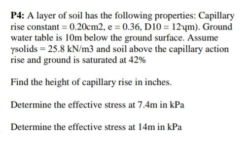 Solved P4: A layer of soil has the following properties: | Chegg.com