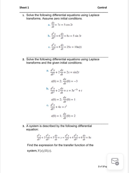 Solved Sheet1 Control 1. Solve the following differential | Chegg.com