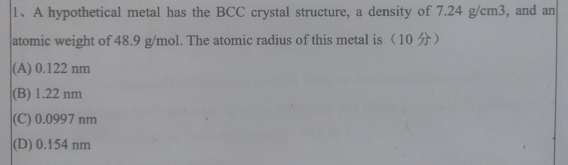 Solved 1. A hypothetical metal has the BCC crystal | Chegg.com