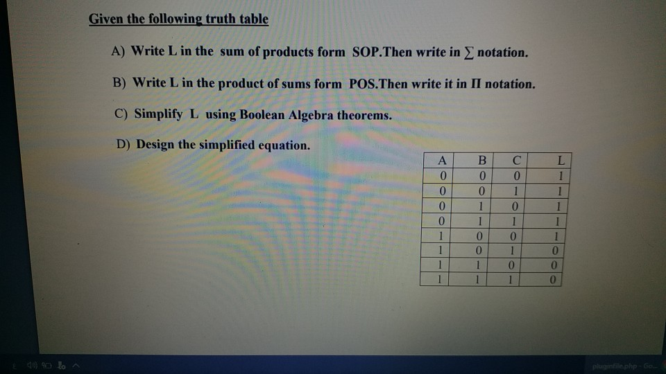 Solved Given the following truth table A) Write L in the sum | Chegg.com