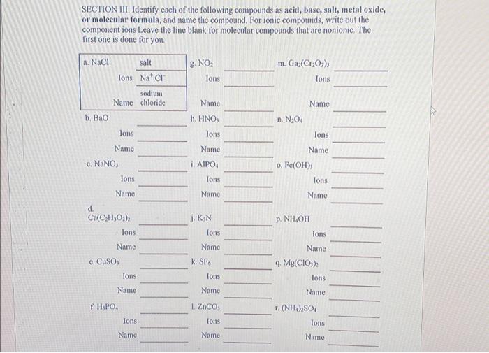Solved SECTION III. Identify each of the following compounds | Chegg.com