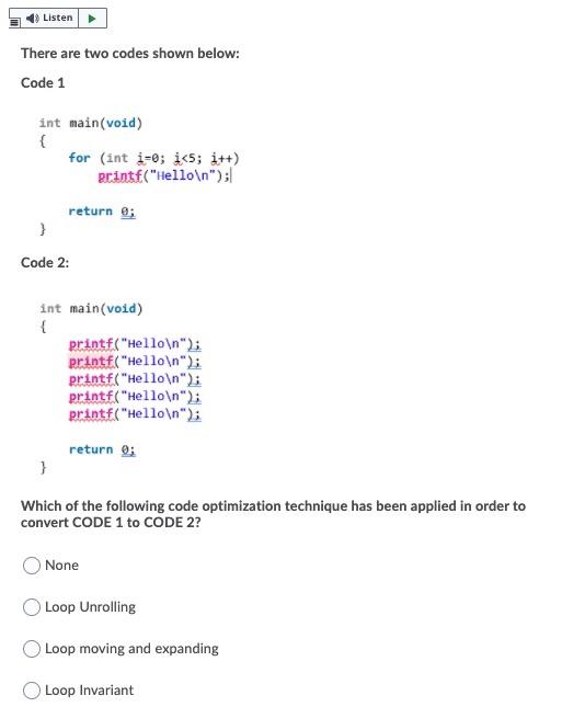 Solved Listen There are two codes shown below: Code 1 int | Chegg.com