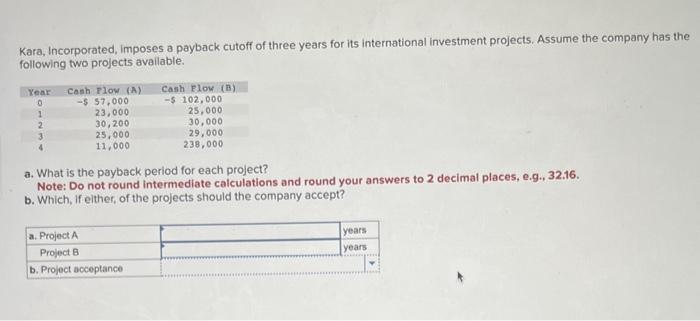 Solved Kara, Incorporated, imposes a payback cutoff of three | Chegg.com