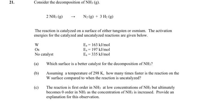 Solved 21. Consider the decomposition of NH3(g). 2 NH3(g) - | Chegg.com