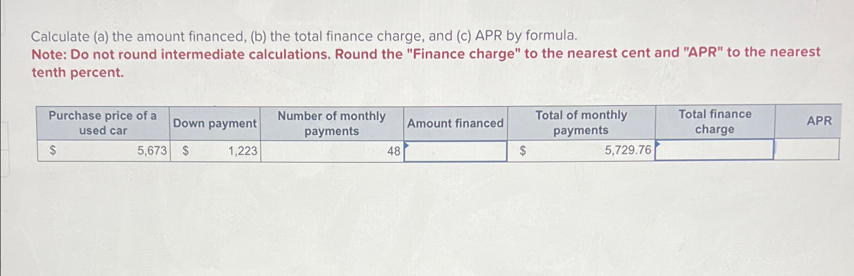 Calculate (a) ﻿the amount financed, (b) ﻿the total