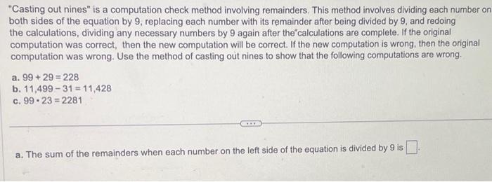 Solved "Casting Out Nines" Is A Computation Check Method | Chegg.com