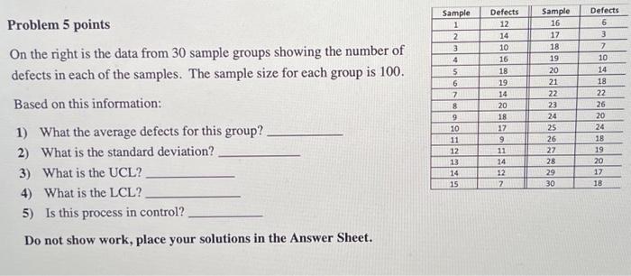 Solved Problem 5 points On the right is the data from 30 | Chegg.com