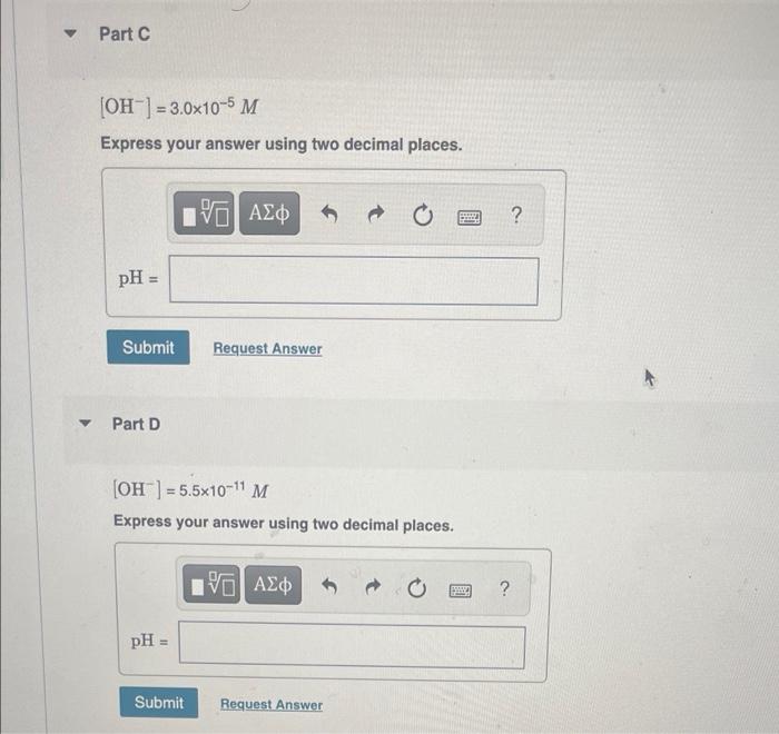 Solved Part A Calculate the pH of each solution given the | Chegg.com