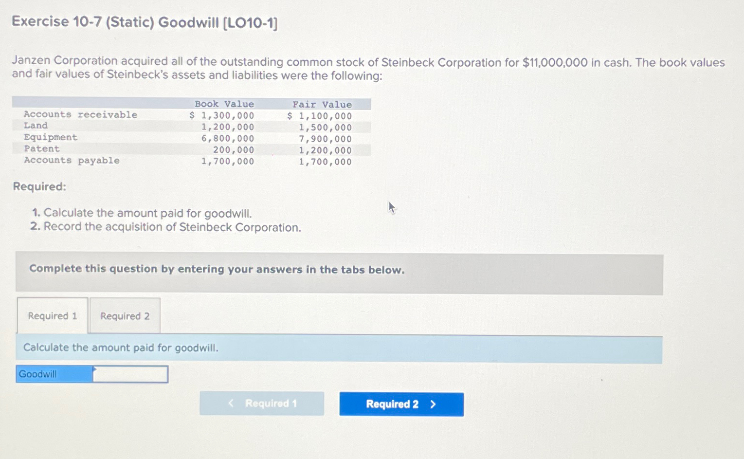 Solved Exercise 10-7 (Static) ﻿Goodwill [LO10-1]Janzen | Chegg.com