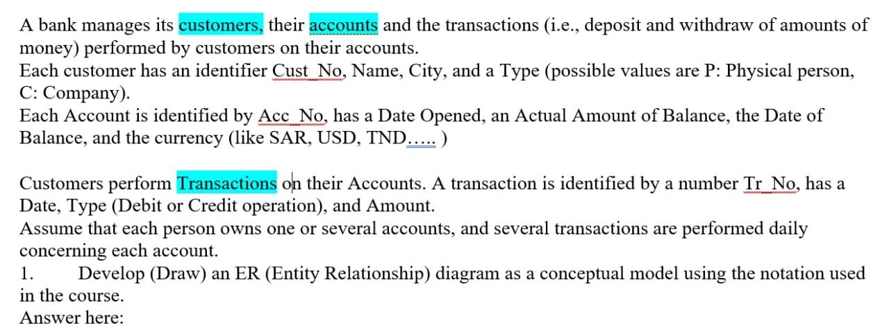 Solved A bank manages its customers, their accounts and the | Chegg.com