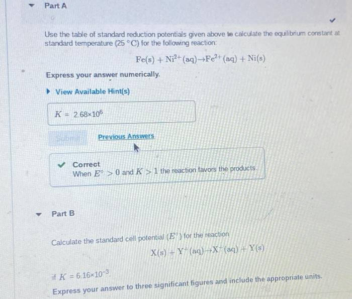 Solved Use the table of standard reduction potentials given | Chegg.com
