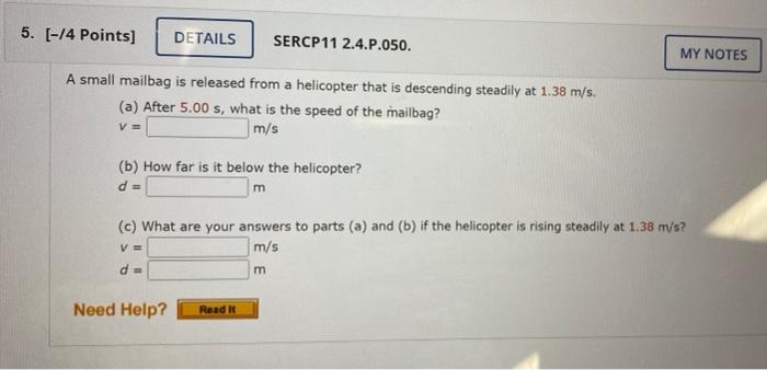 Solved A Small Mailbag Is Released From A Helicopter That Is | Chegg.com